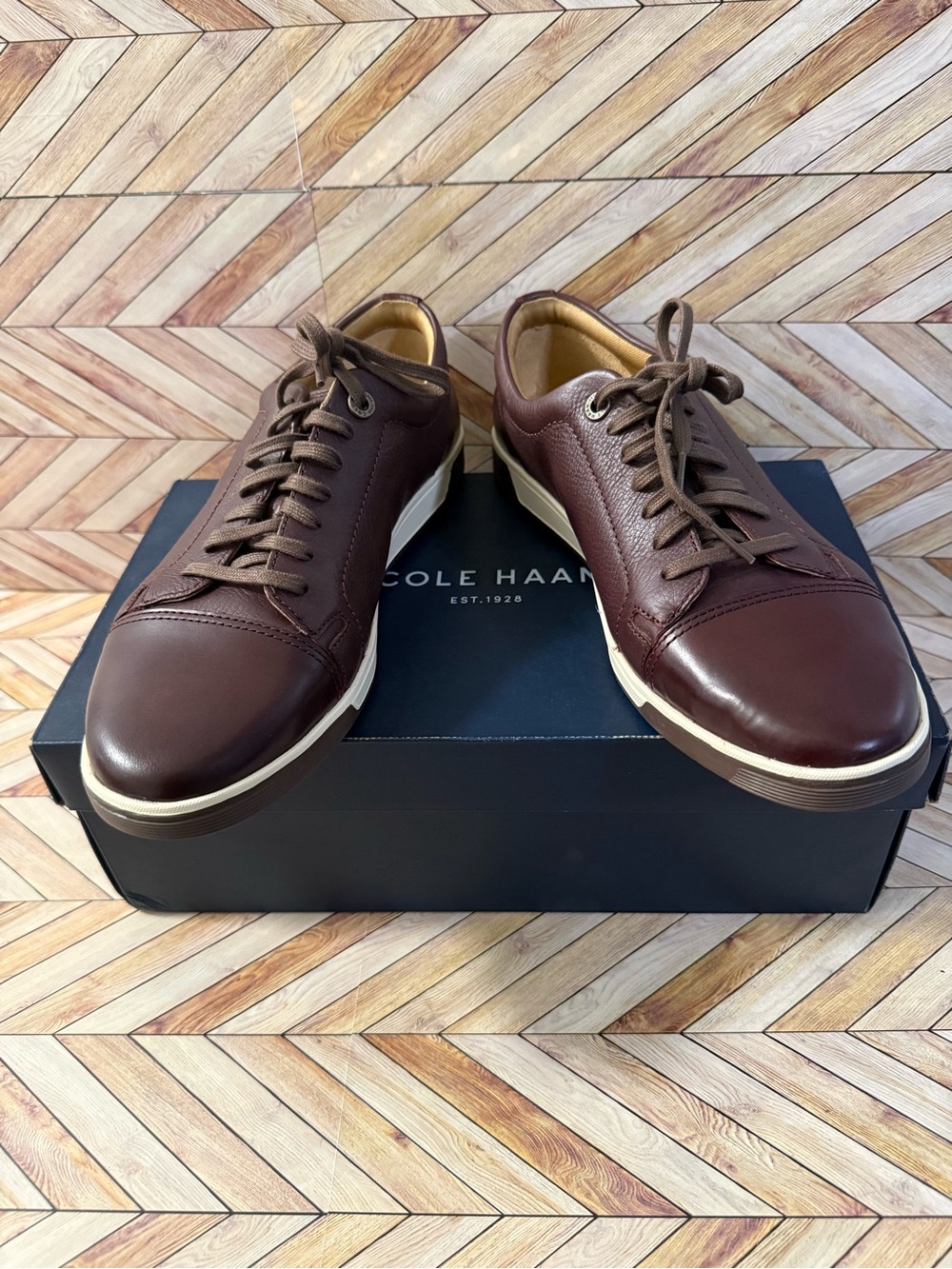 Cole Haan Men’s Dark Brown Leather Lace-Up Sneakers Quincy Cap Toe Rustic
